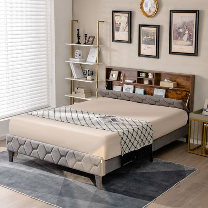 King Bed Frame with Storage Headboard and Slat Support