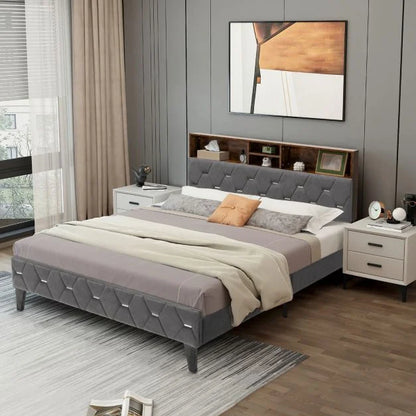 King Bed Frame with Storage Headboard and Slat Support