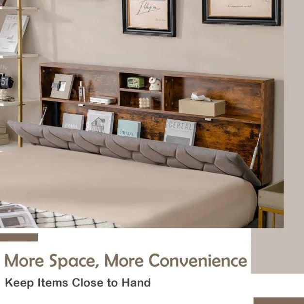 King Bed Frame with Storage Headboard and Slat Support