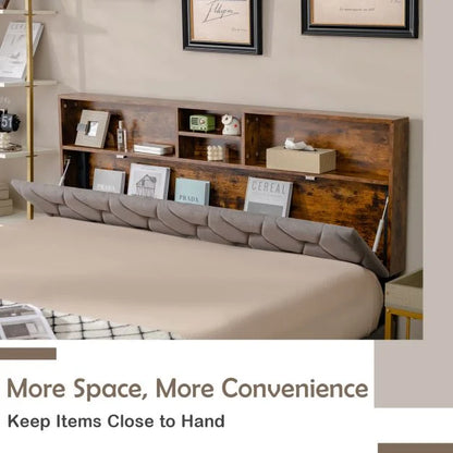 King Bed Frame with Storage Headboard and Slat Support