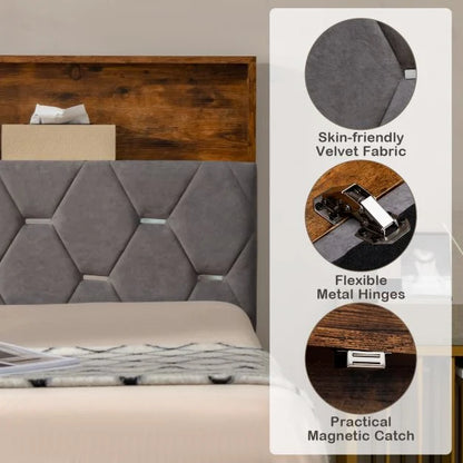 King Bed Frame with Storage Headboard and Slat Support