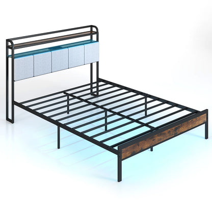 Bed Frame with LED Light and Charging Station