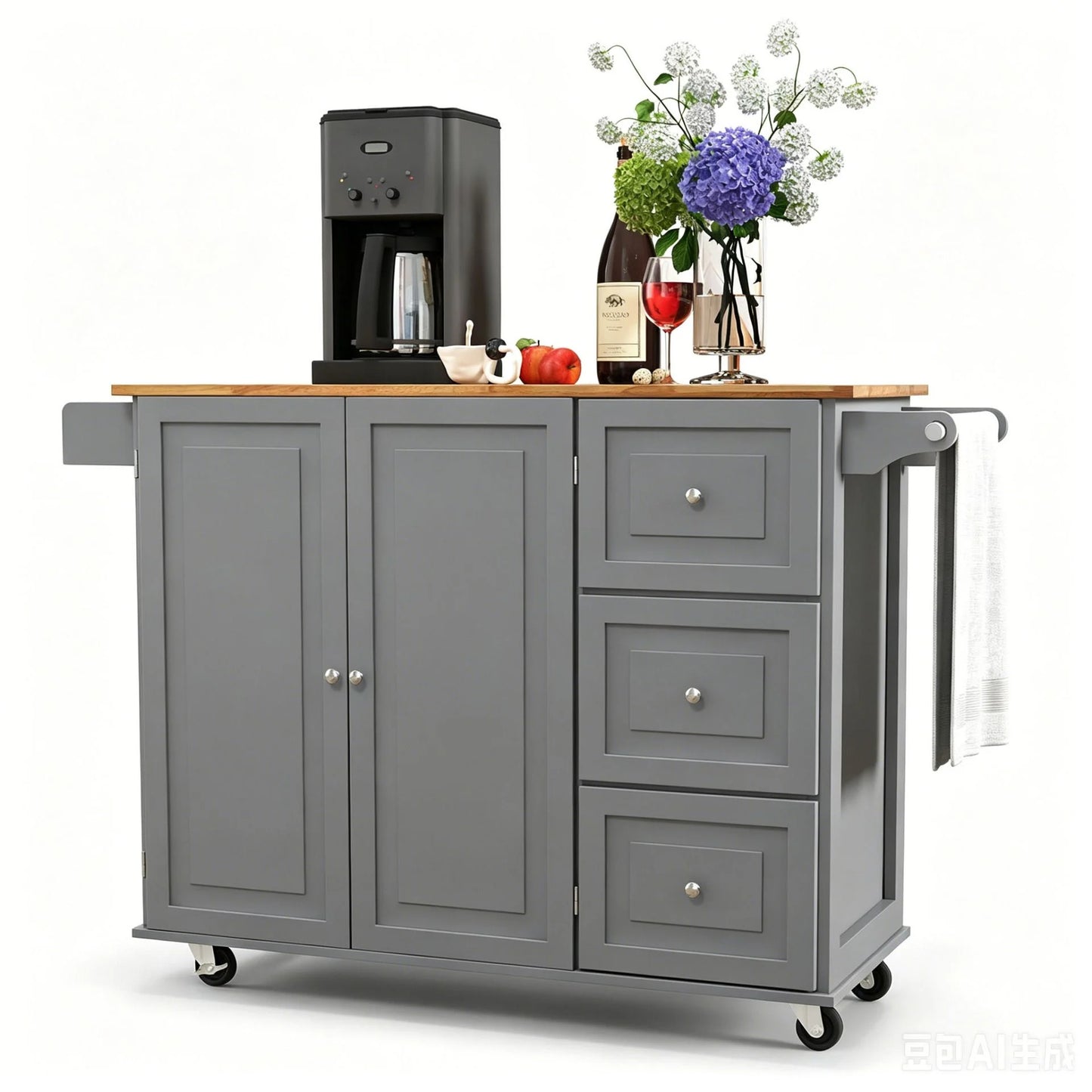 GiantexUK Large Kitchen Island, Extendable Rolling Storage Trolley with 3 Drawers and Adjustable Shelves