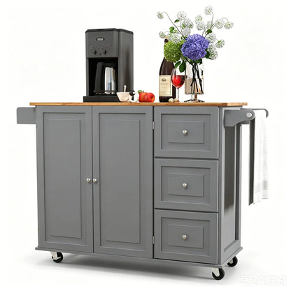 GiantexUK Large Kitchen Island, Extendable Rolling Storage Trolley with 3 Drawers and Adjustable Shelves