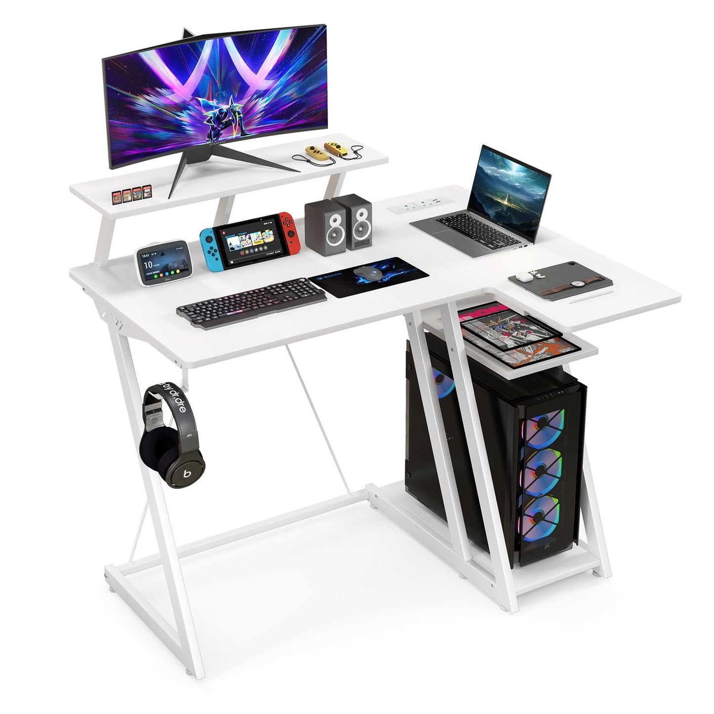 L-Shaped Gaming Desk with Outlets USB Ports and Monitor Shelf