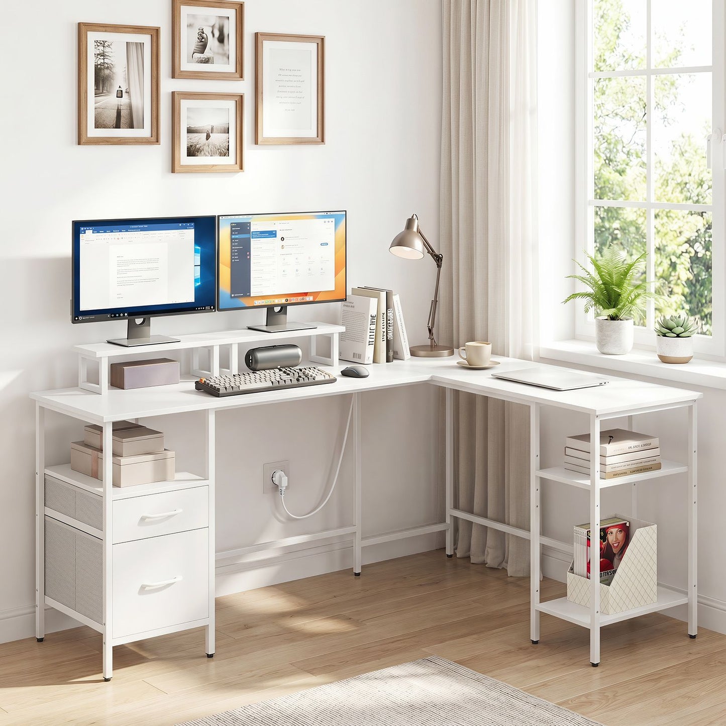L-shaped Desk with Power Outlets Monitor Stand 2 Drawers and Adjustable Shelf