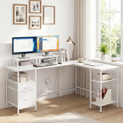 L-shaped Desk with Power Outlets Monitor Stand 2 Drawers and Adjustable Shelf