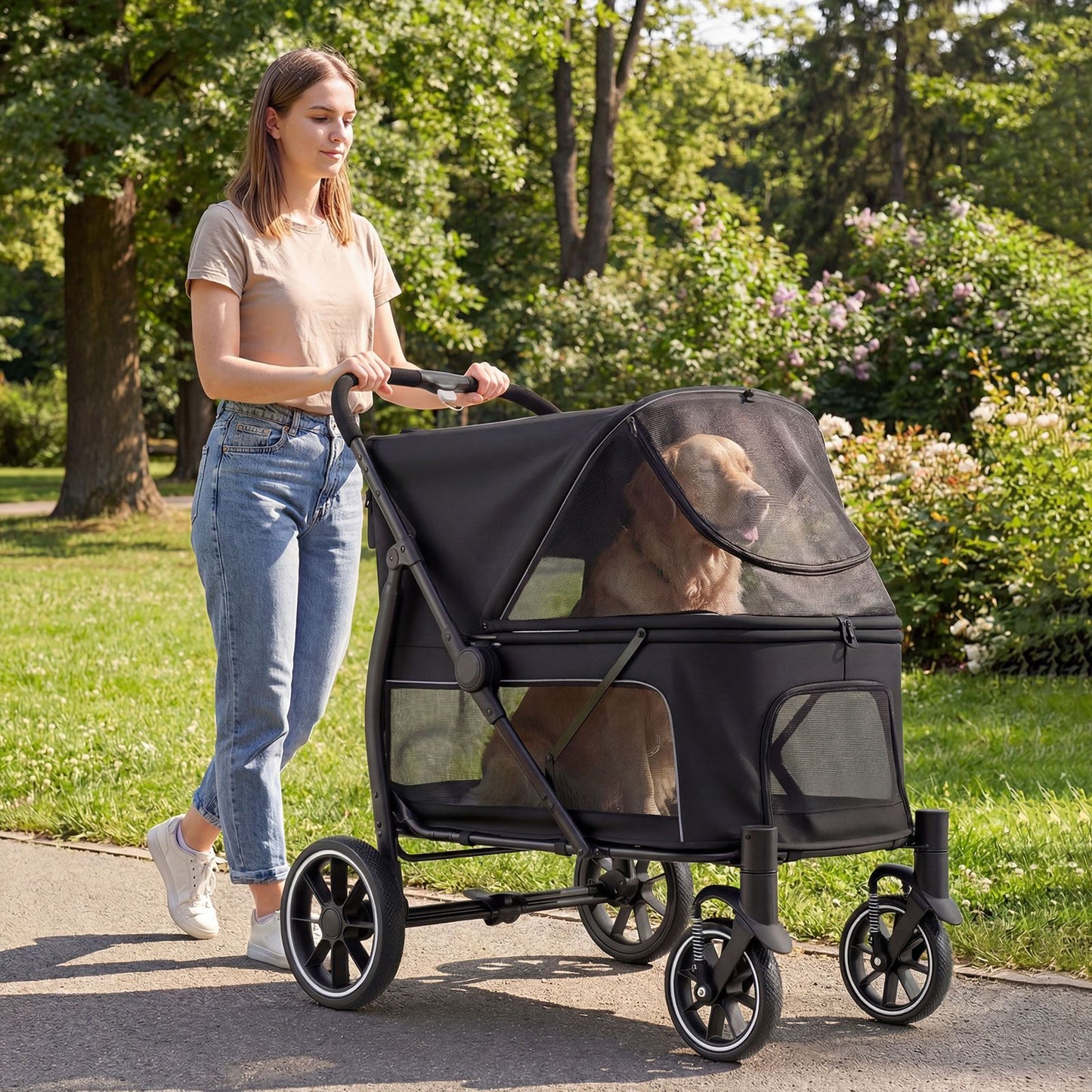 Large Dog Stroller with All-terrain Wheels and Adjustable Mesh Canopy