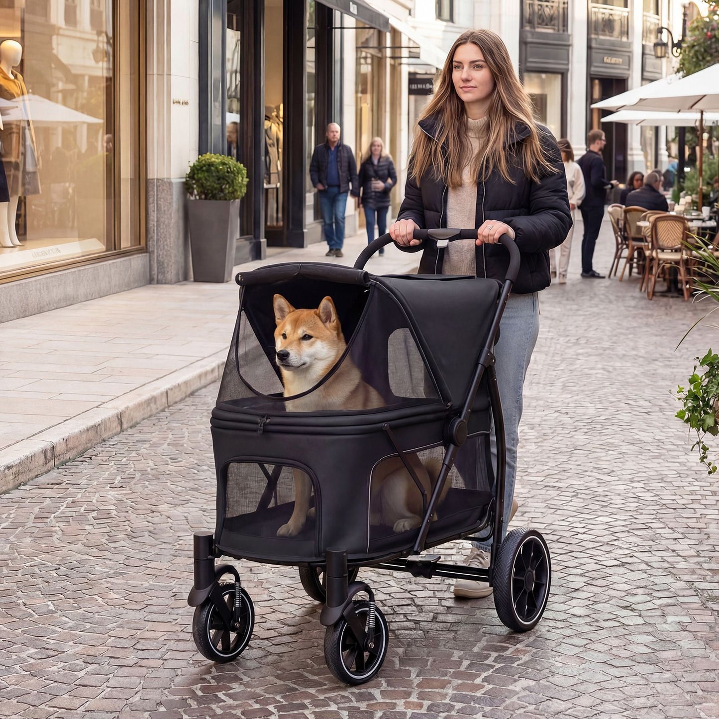 Large Dog Stroller with All-terrain Wheels and Adjustable Mesh Canopy