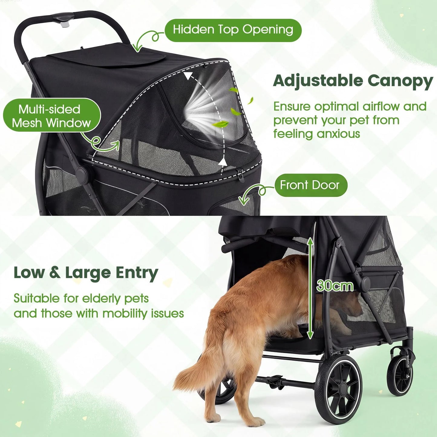 Large Dog Stroller with All-terrain Wheels and Adjustable Mesh Canopy