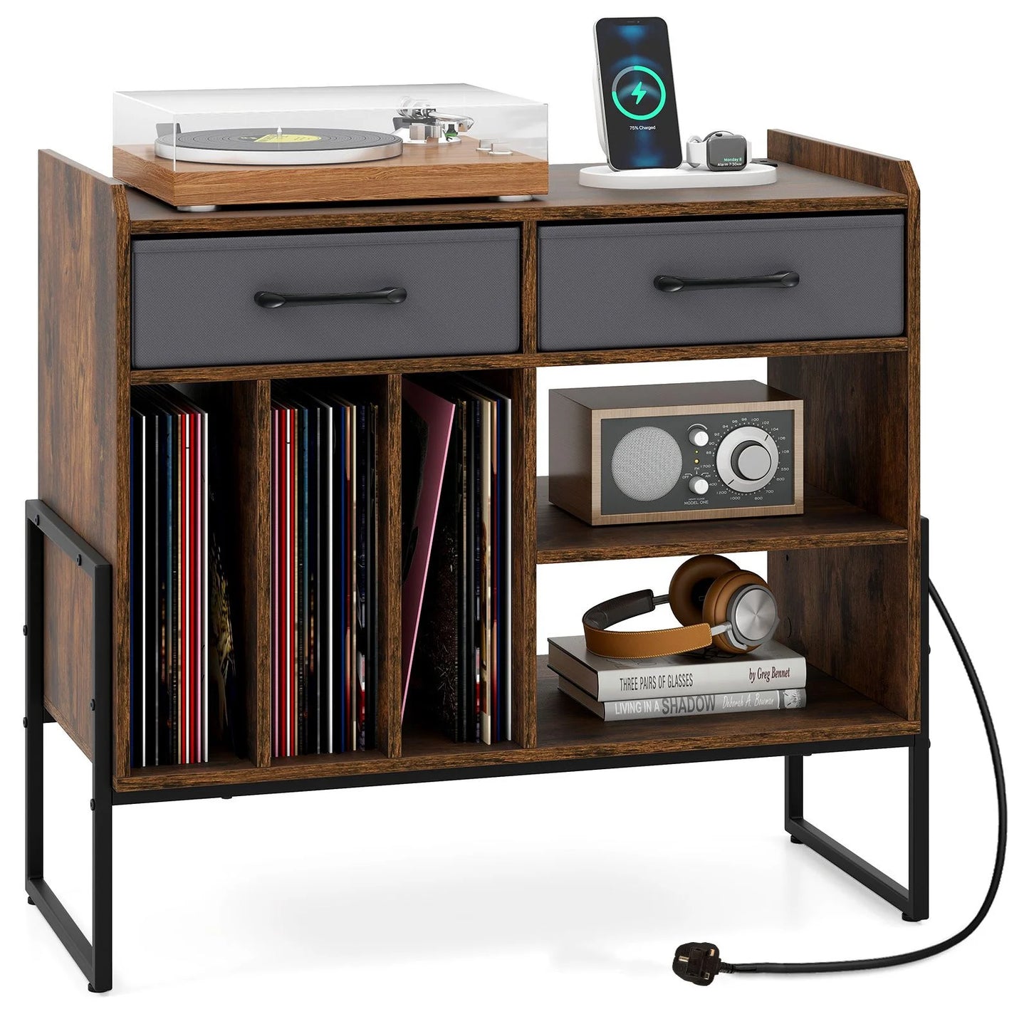 Large Record Player Stand with Charging Station Mid Century Modern Vinyl Storage Cabinet