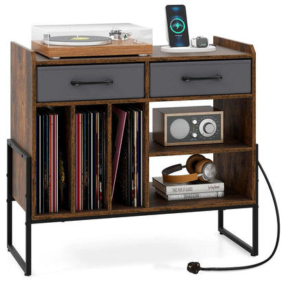 Large Record Player Stand with Charging Station Mid Century Modern Vinyl Storage Cabinet