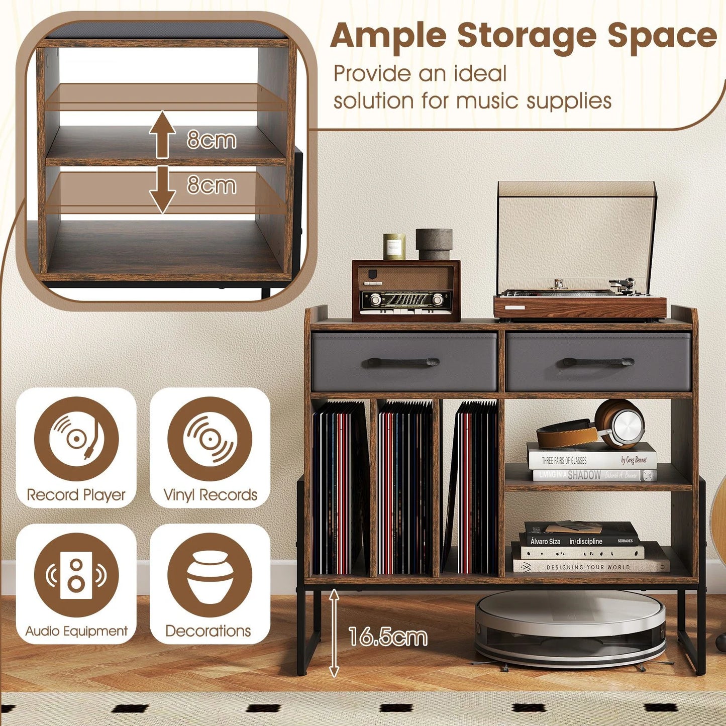 Large Record Player Stand with Charging Station Mid Century Modern Vinyl Storage Cabinet