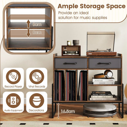 Large Record Player Stand with Charging Station Mid Century Modern Vinyl Storage Cabinet