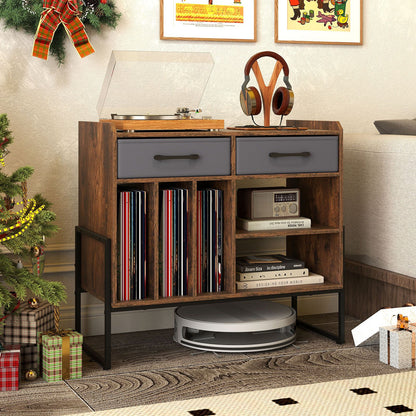 Large Record Player Stand with Charging Station Mid Century Modern Vinyl Storage Cabinet