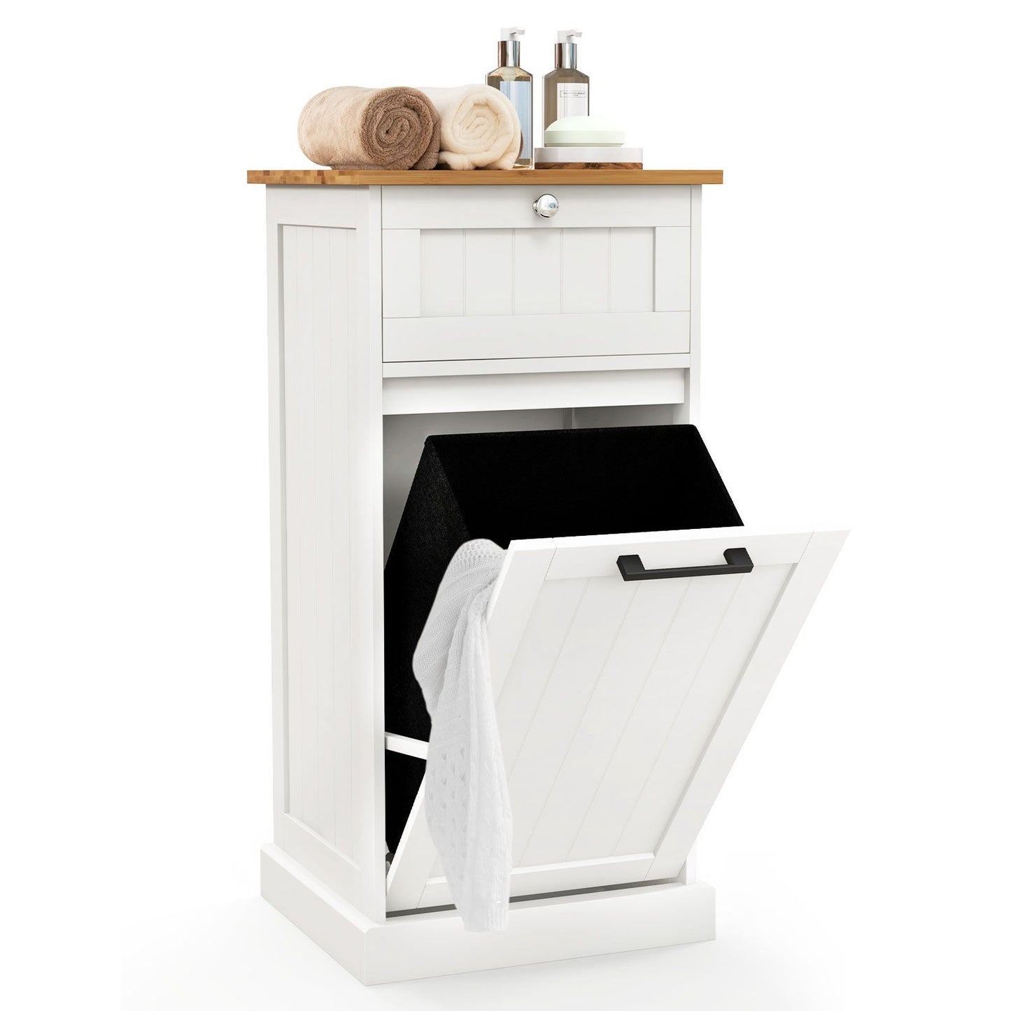 Laundry Cabinet with Basket Freestanding Tilt Out Laundry Hamper with Drawer