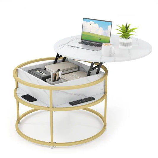 80cm Lift Top Coffee Table with Hidden Compartment and Side Shelves