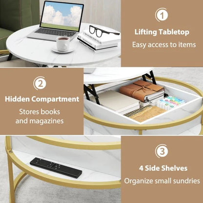 80cm Lift Top Coffee Table with Hidden Compartment and Side Shelves