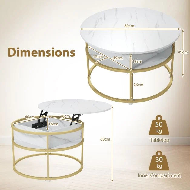 80cm Lift Top Coffee Table with Hidden Compartment and Side Shelves