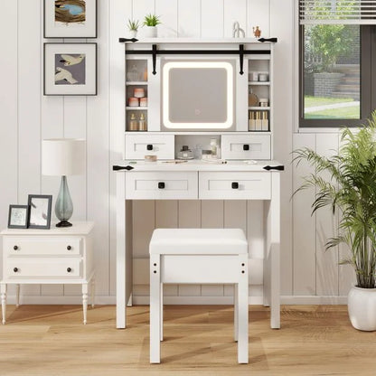 Makeup Vanity Desk and Stool Set with Mirror and Lights