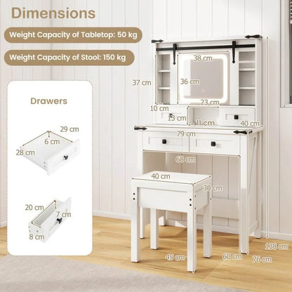Makeup Vanity Desk and Stool Set with Mirror and Lights