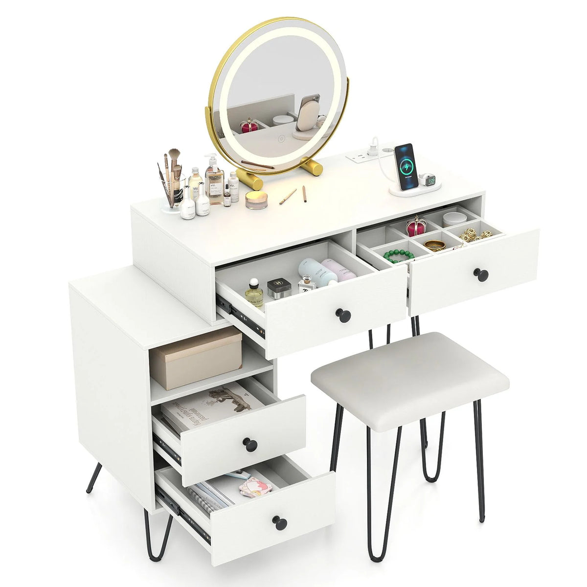 Dressing Table with 360° Rotation LED Mirror and Stool, Makeup Table Vanity Desk Set with Charging Station