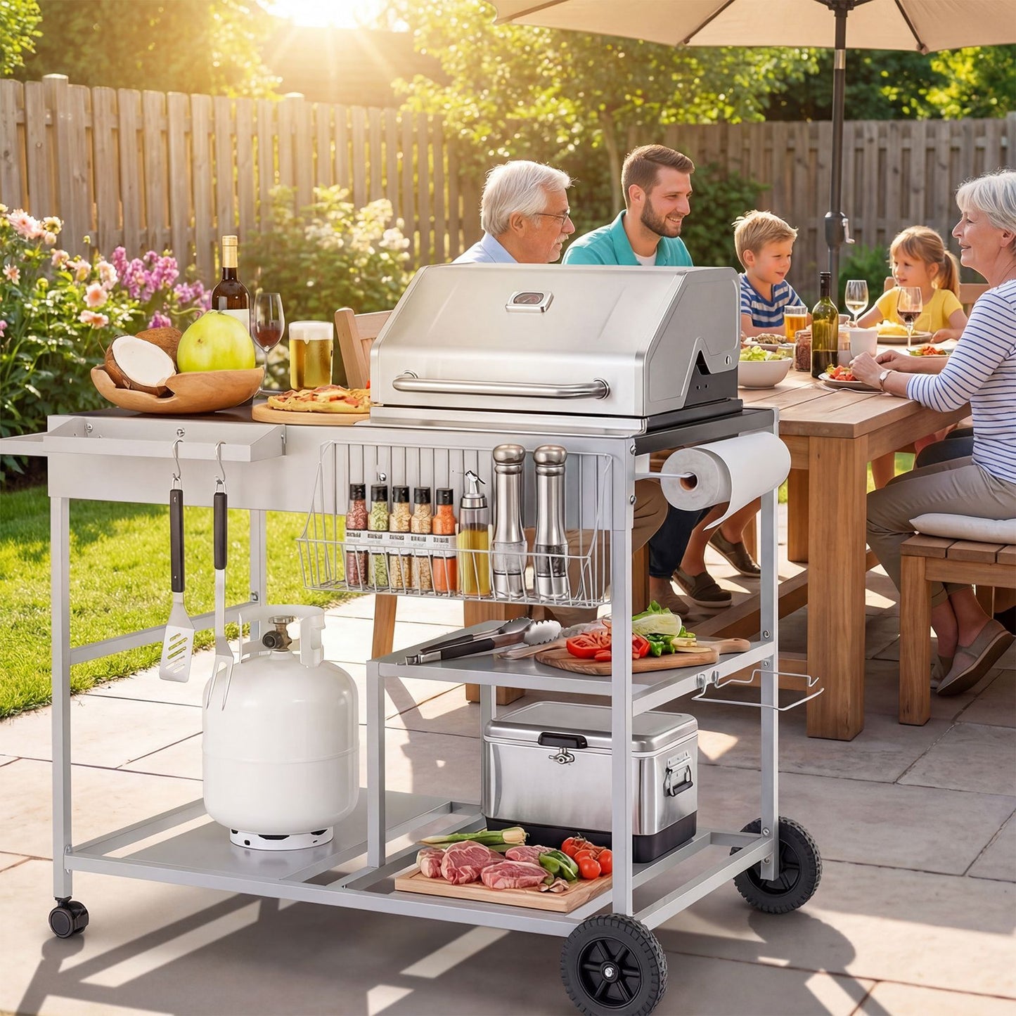 Metal Rolling Food Prep Cart with Mesh Side Panel and Topping Station for Backyard