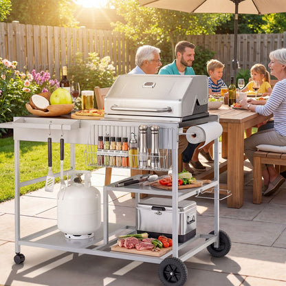 Metal Rolling Food Prep Cart with Mesh Side Panel and Topping Station for Backyard