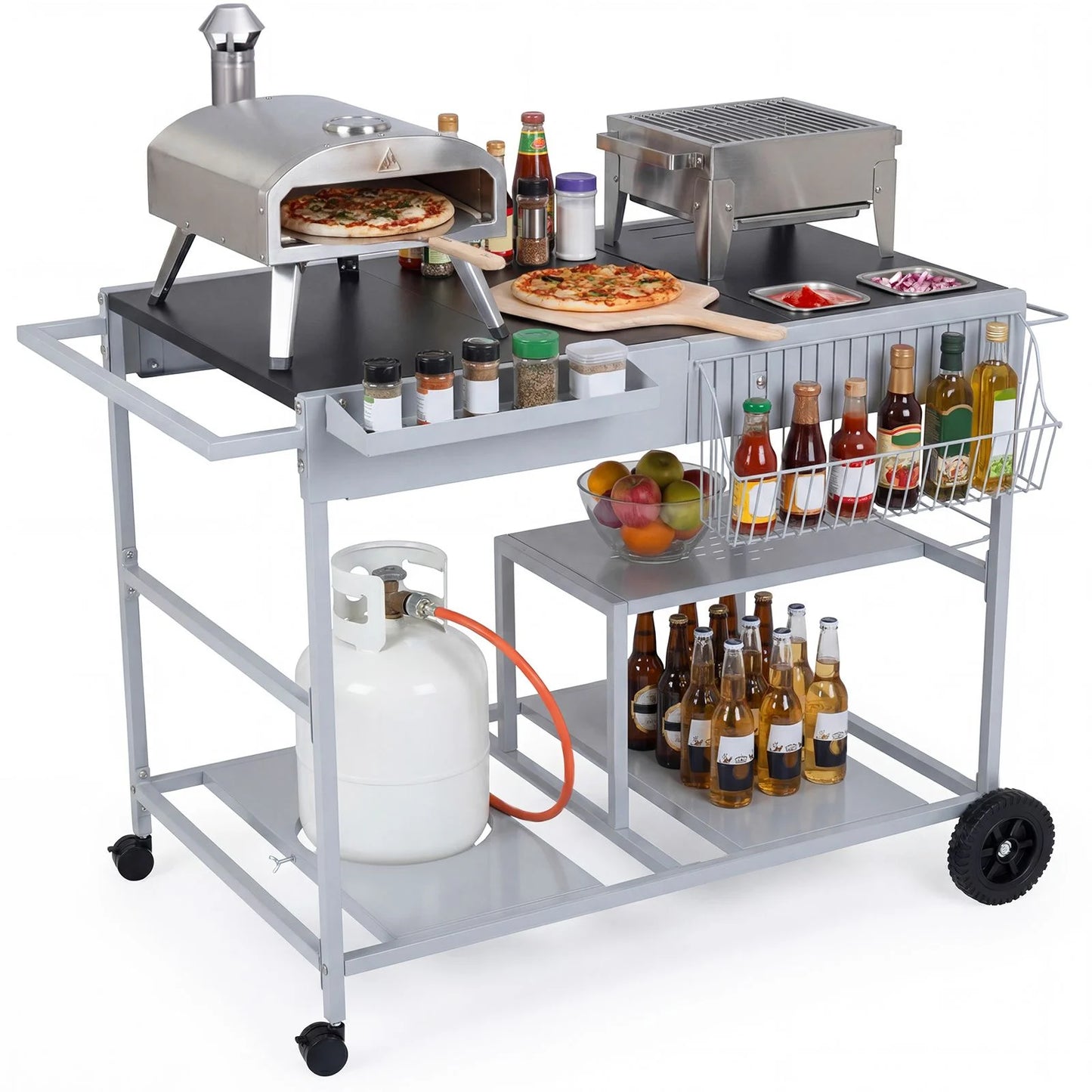 Metal Rolling Food Prep Cart with Mesh Side Panel and Topping Station for Backyard