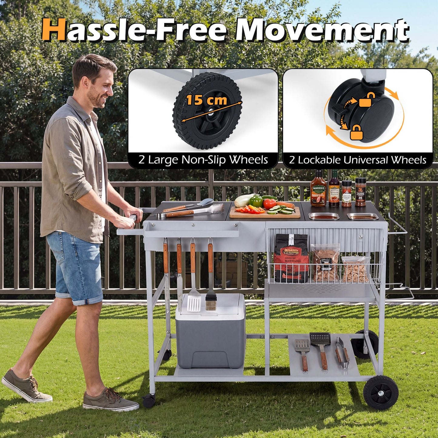 Metal Rolling Food Prep Cart with Mesh Side Panel and Topping Station for Backyard