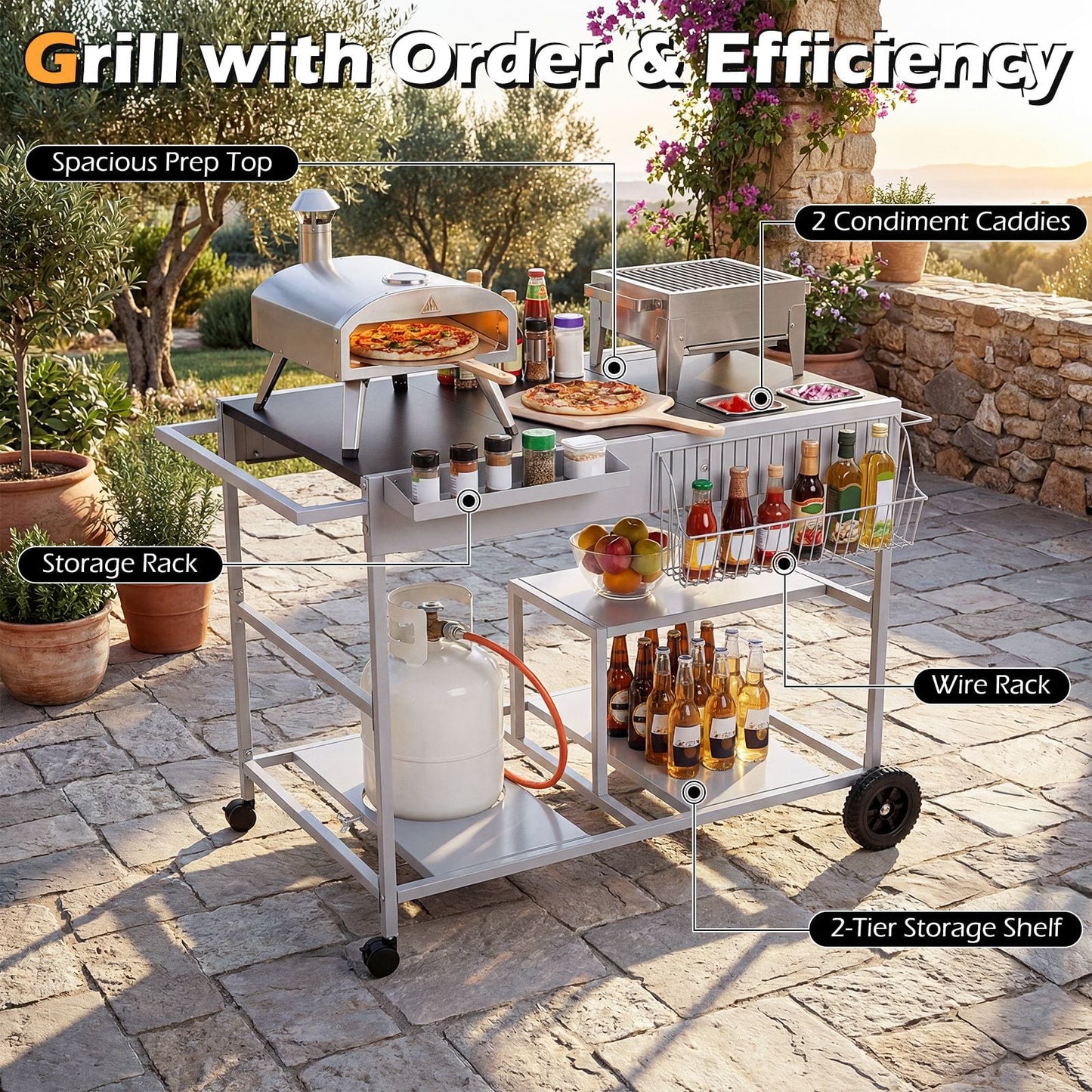 Metal Rolling Food Prep Cart with Mesh Side Panel and Topping Station for Backyard