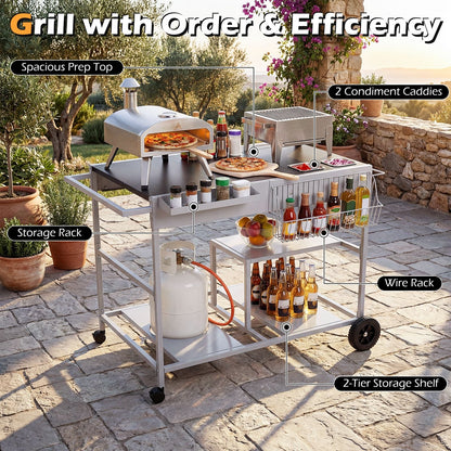 Metal Rolling Food Prep Cart with Mesh Side Panel and Topping Station for Backyard