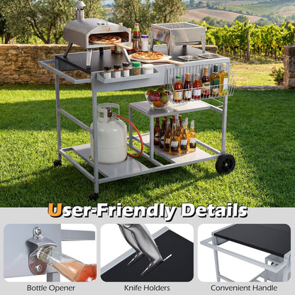 Metal Rolling Food Prep Cart with Mesh Side Panel and Topping Station for Backyard