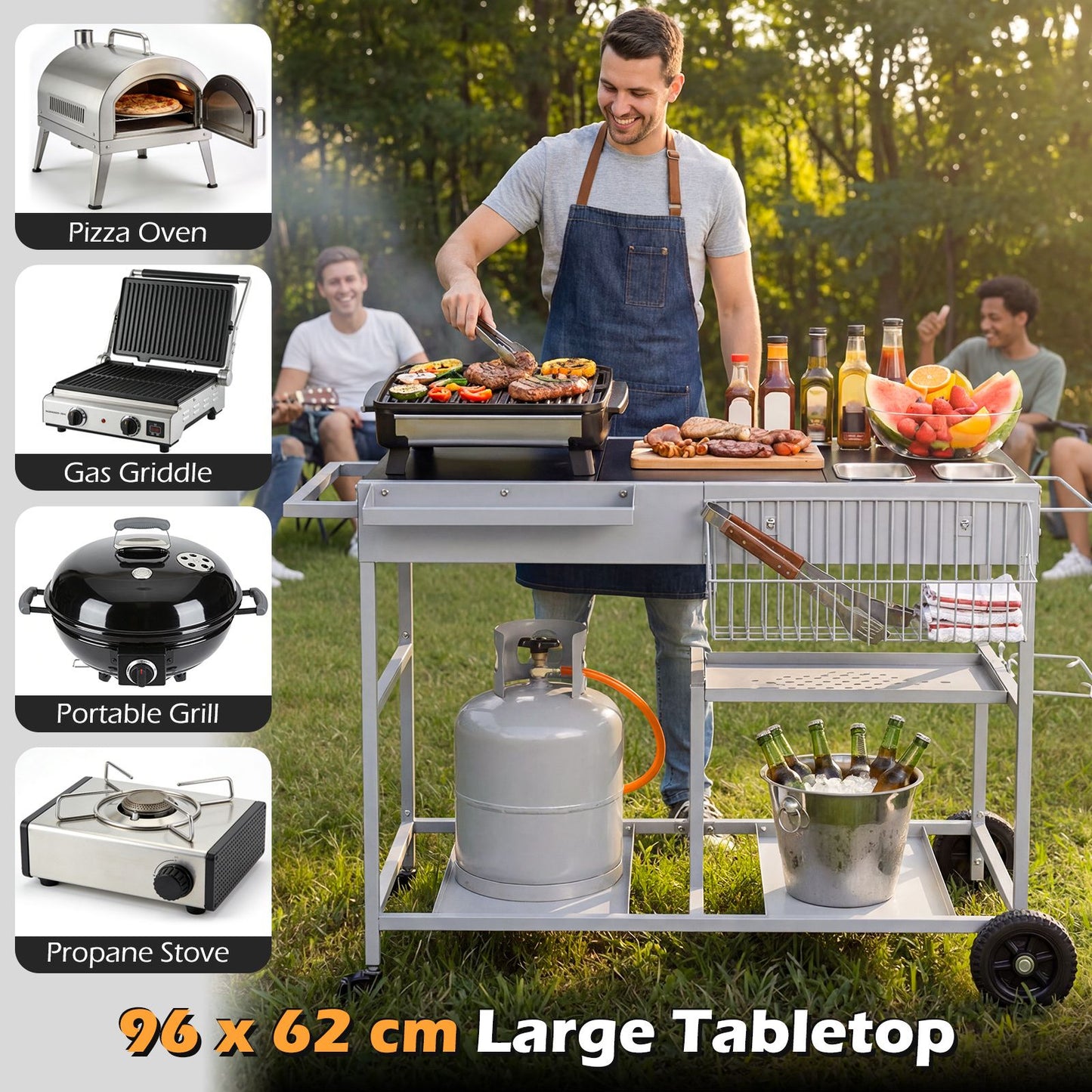 Metal Rolling Food Prep Cart with Mesh Side Panel and Topping Station for Backyard