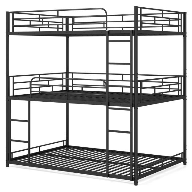 Metal Triple Bunk Bed with Safety Guardrails and 2 Ladders