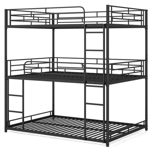 Metal Triple Bunk Bed with Safety Guardrails and 2 Ladders