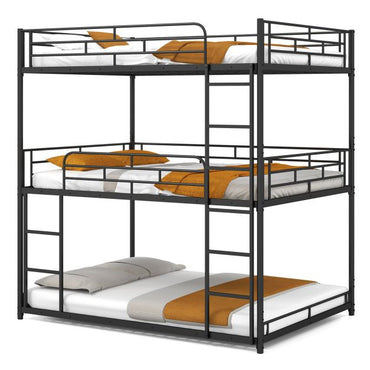 Metal Triple Bunk Bed with Safety Guardrails and 2 Ladders