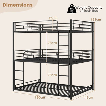 Metal Triple Bunk Bed with Safety Guardrails and 2 Ladders
