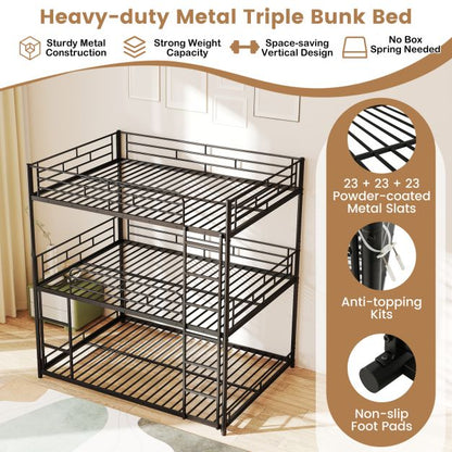 Metal Triple Bunk Bed with Safety Guardrails and 2 Ladders