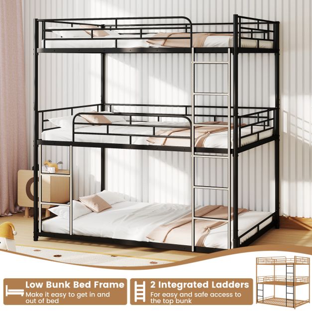 Metal Triple Bunk Bed with Safety Guardrails and 2 Ladders
