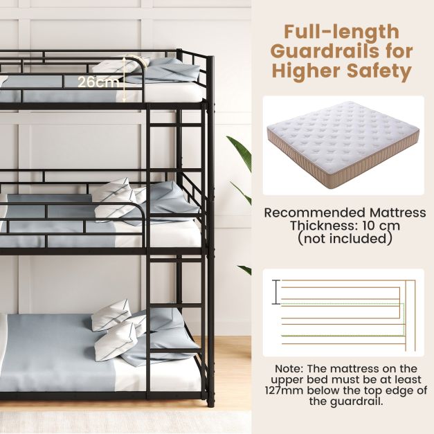 Metal Triple Bunk Bed with Safety Guardrails and 2 Ladders