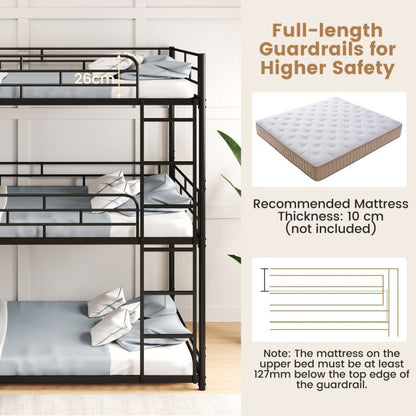 Metal Triple Bunk Bed with Safety Guardrails and 2 Ladders
