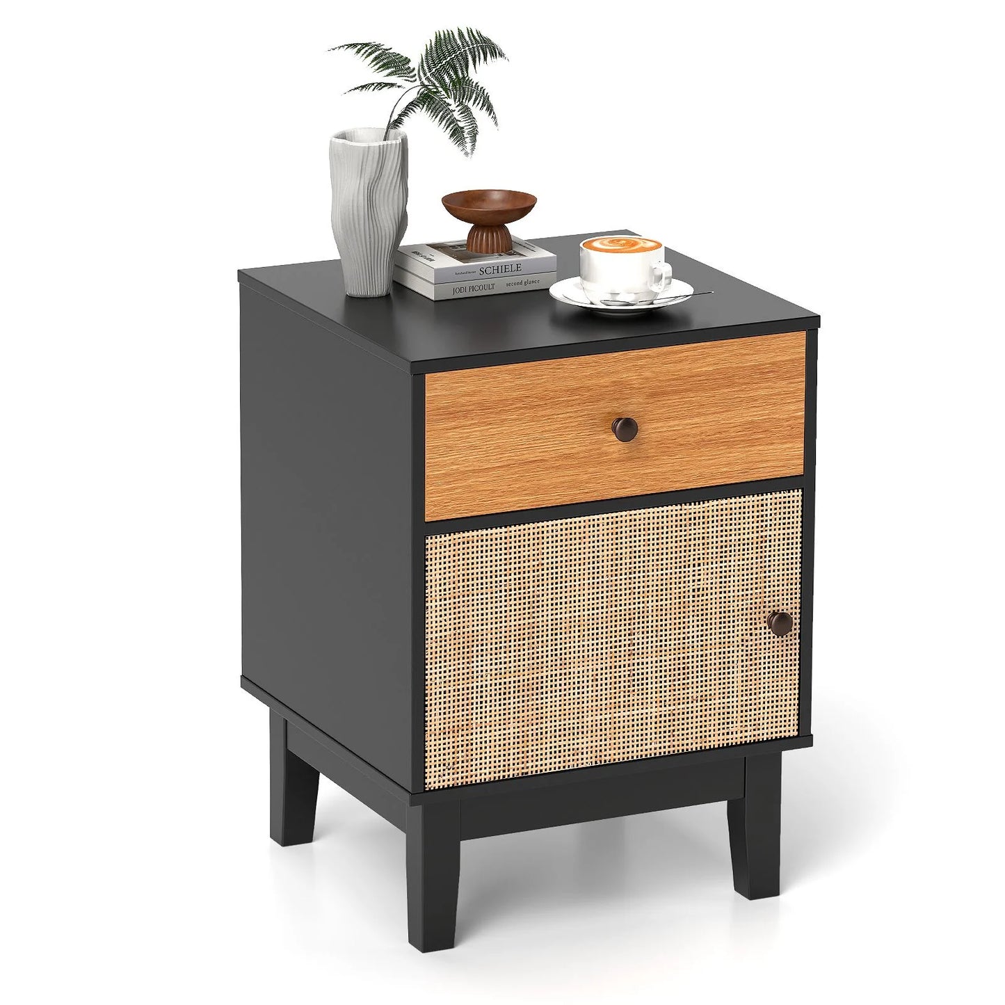 Modern Rattan Nightstand with Storage Drawer and Cabinet