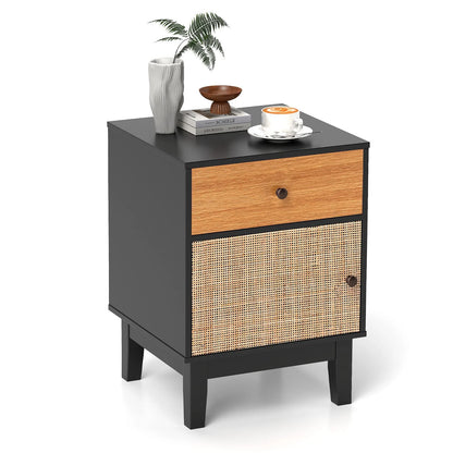 Modern Rattan Nightstand with Storage Drawer and Cabinet