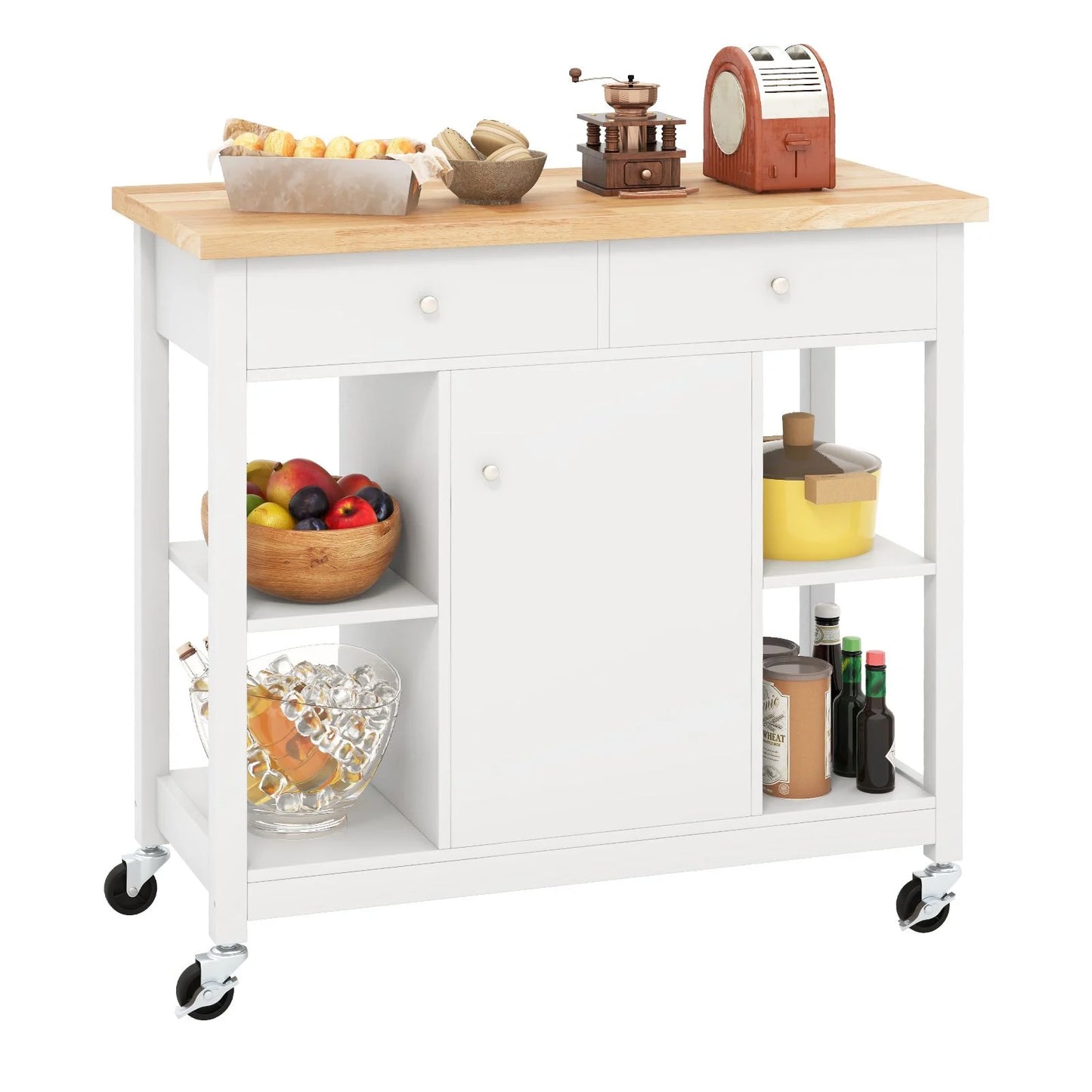 Mobile Kitchen Island Cart Rolling Kitchen Island with Rubber Wood Top