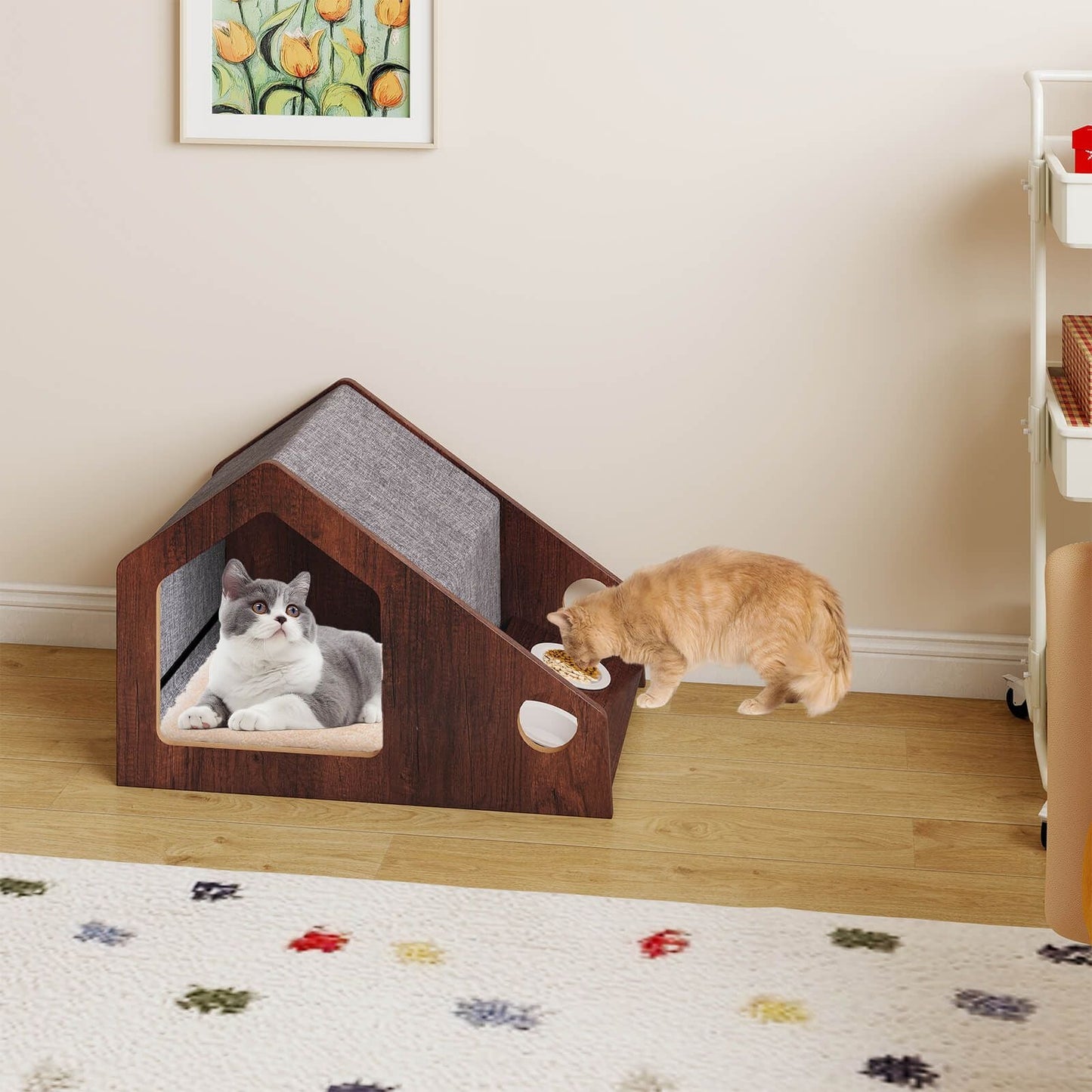 Modern Cat House with Feeder and Detachable Roof with 2 Bowels