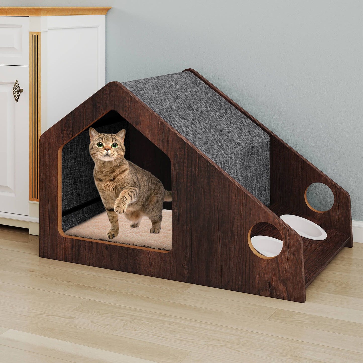 Modern Cat House with Feeder and Detachable Roof with 2 Bowels