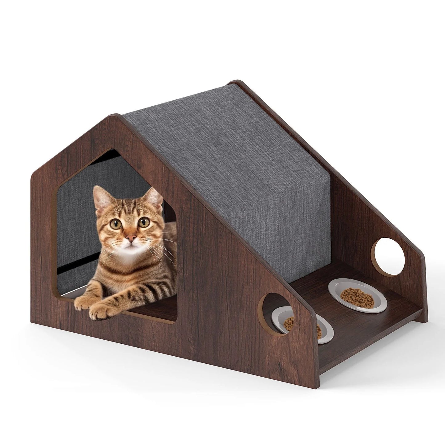 Modern Cat House with Feeder and Detachable Roof with 2 Bowels