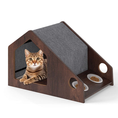 Modern Cat House with Feeder and Detachable Roof with 2 Bowels