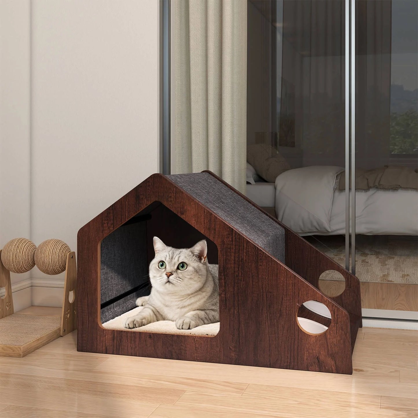 Modern Cat House with Feeder and Detachable Roof with 2 Bowels